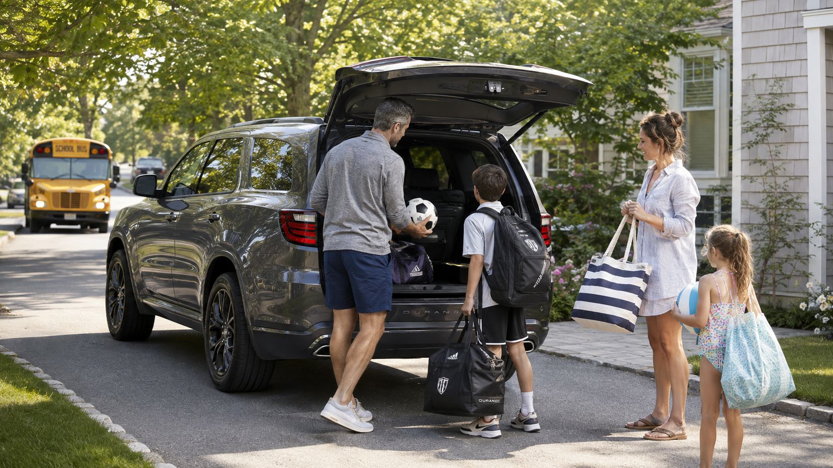 A family packing their grey Dodge Durango for a day of activities near a school bus.