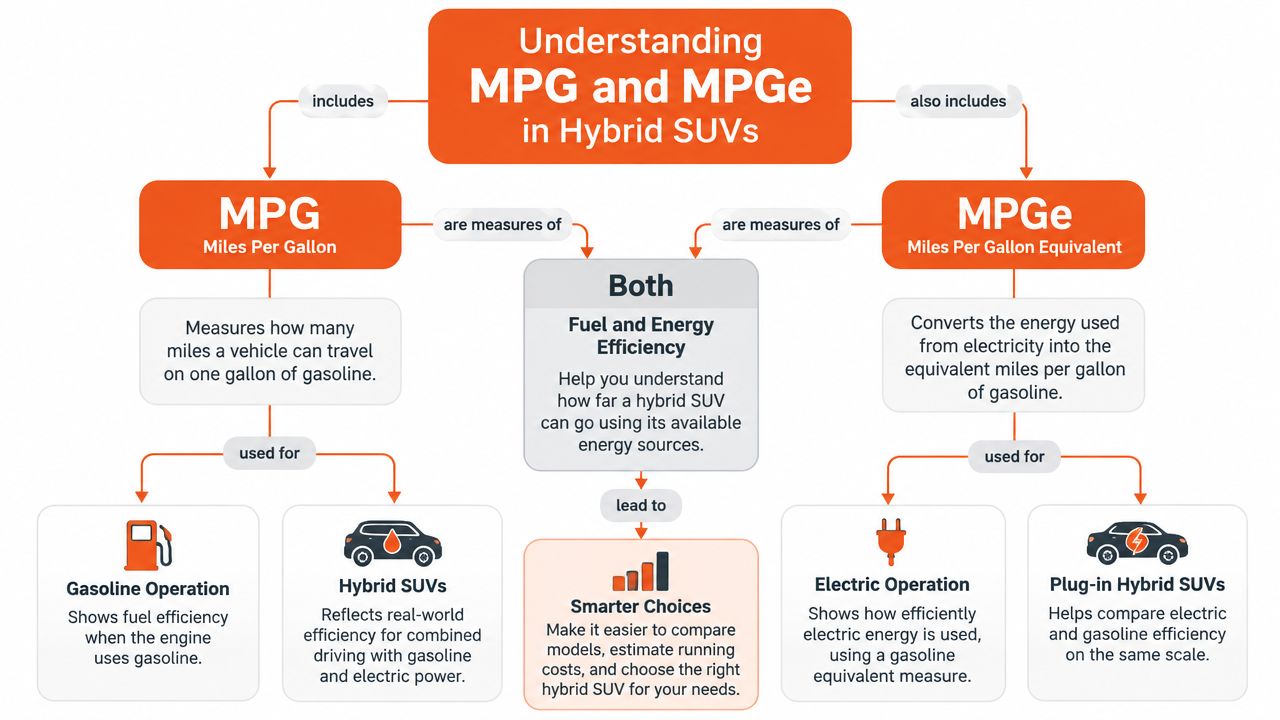 A diagram explaining MPG and MPGe metrics for hybrid SUVs and how they measure energy efficiency.