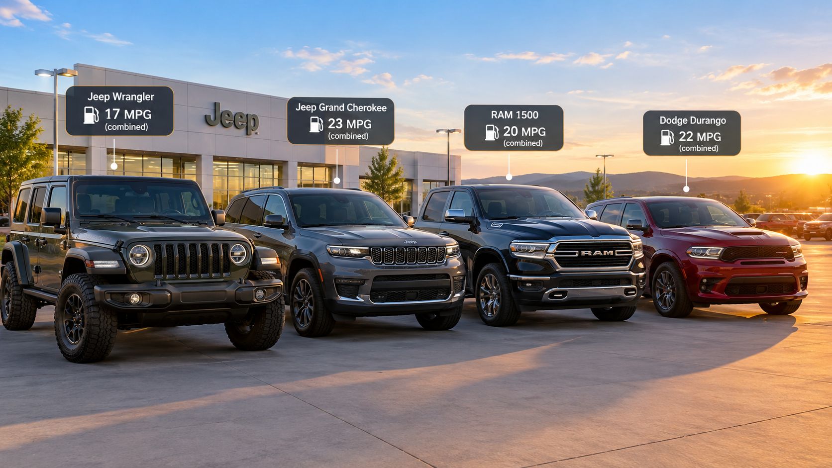 A row of four Jeep and Dodge vehicles parked in front of a dealership at sunset.