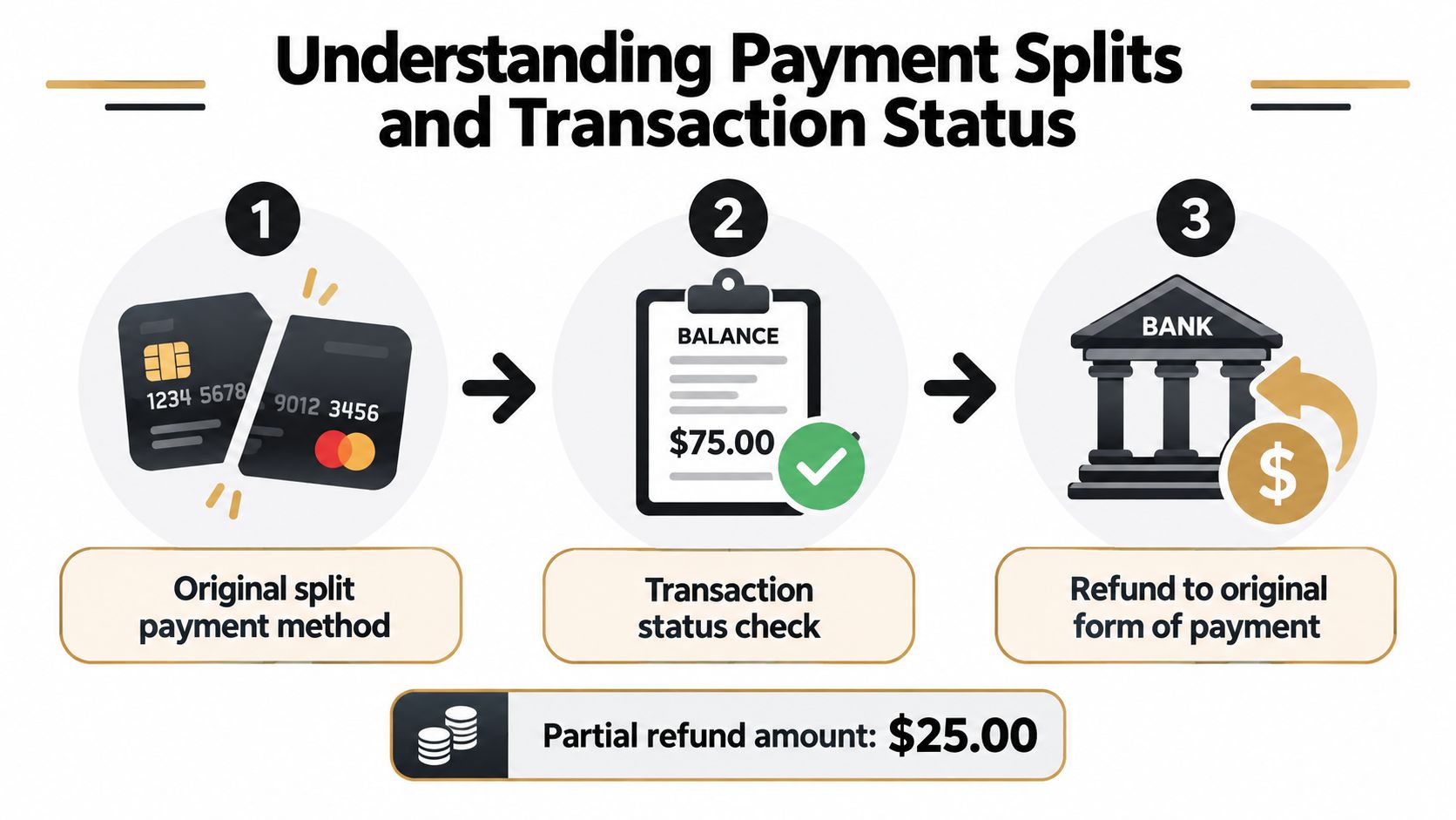 An infographic showing the three-step process for a Shopify partial refund of twenty-five dollars.