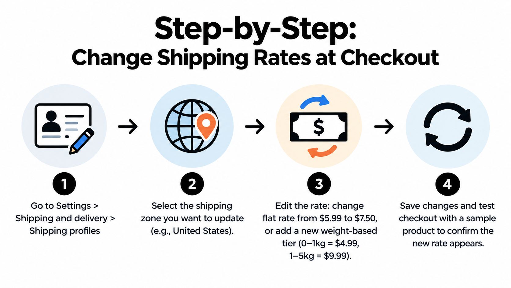 A four-step infographic illustrating the process of updating shipping rates within Shopify settings for online stores.