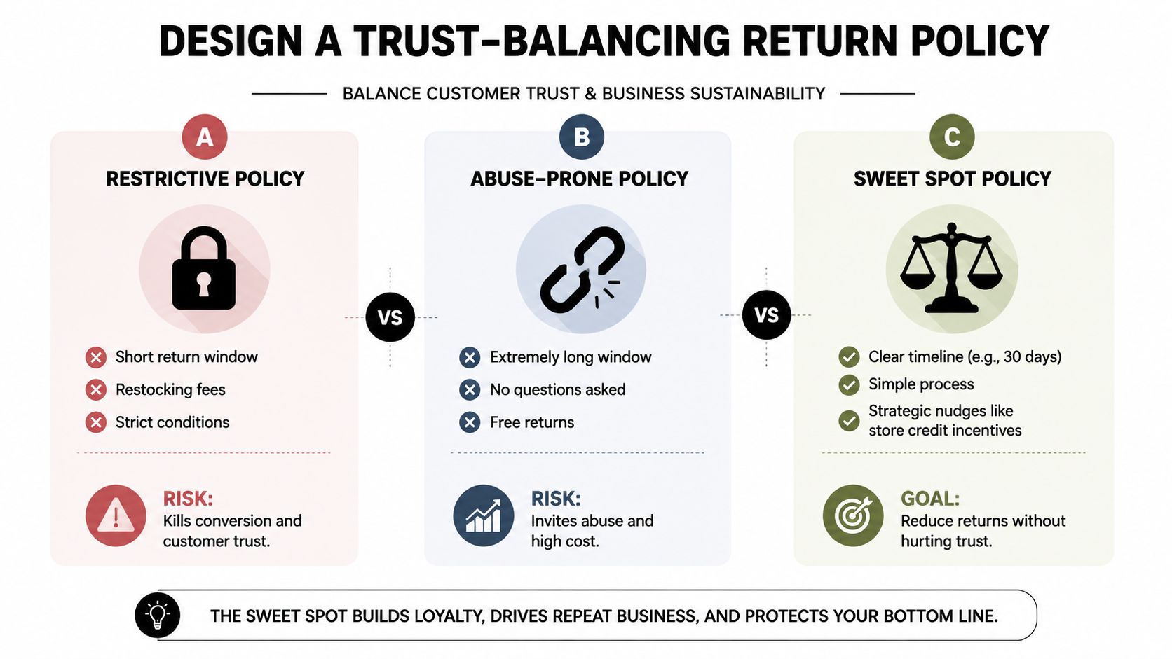 A diagram illustrating how to balance customer trust and business sustainability in an ecommerce return policy design.