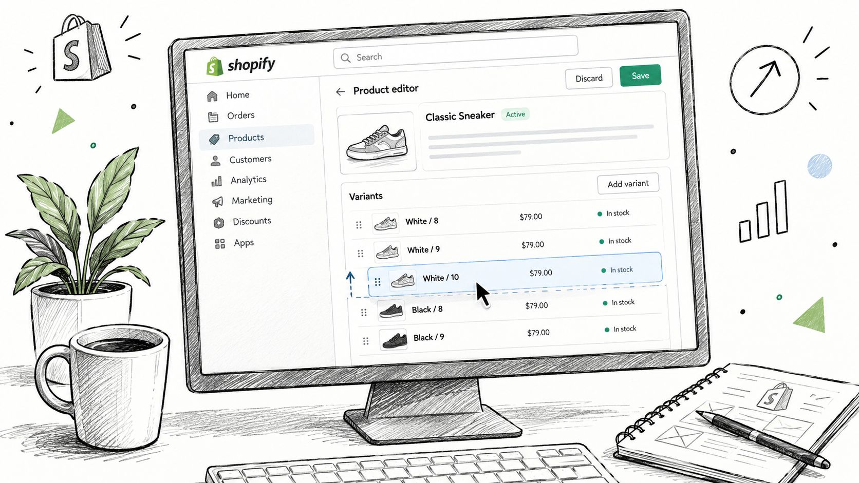 A digital sketch of a computer monitor displaying the Shopify product editor interface for managing product variants.