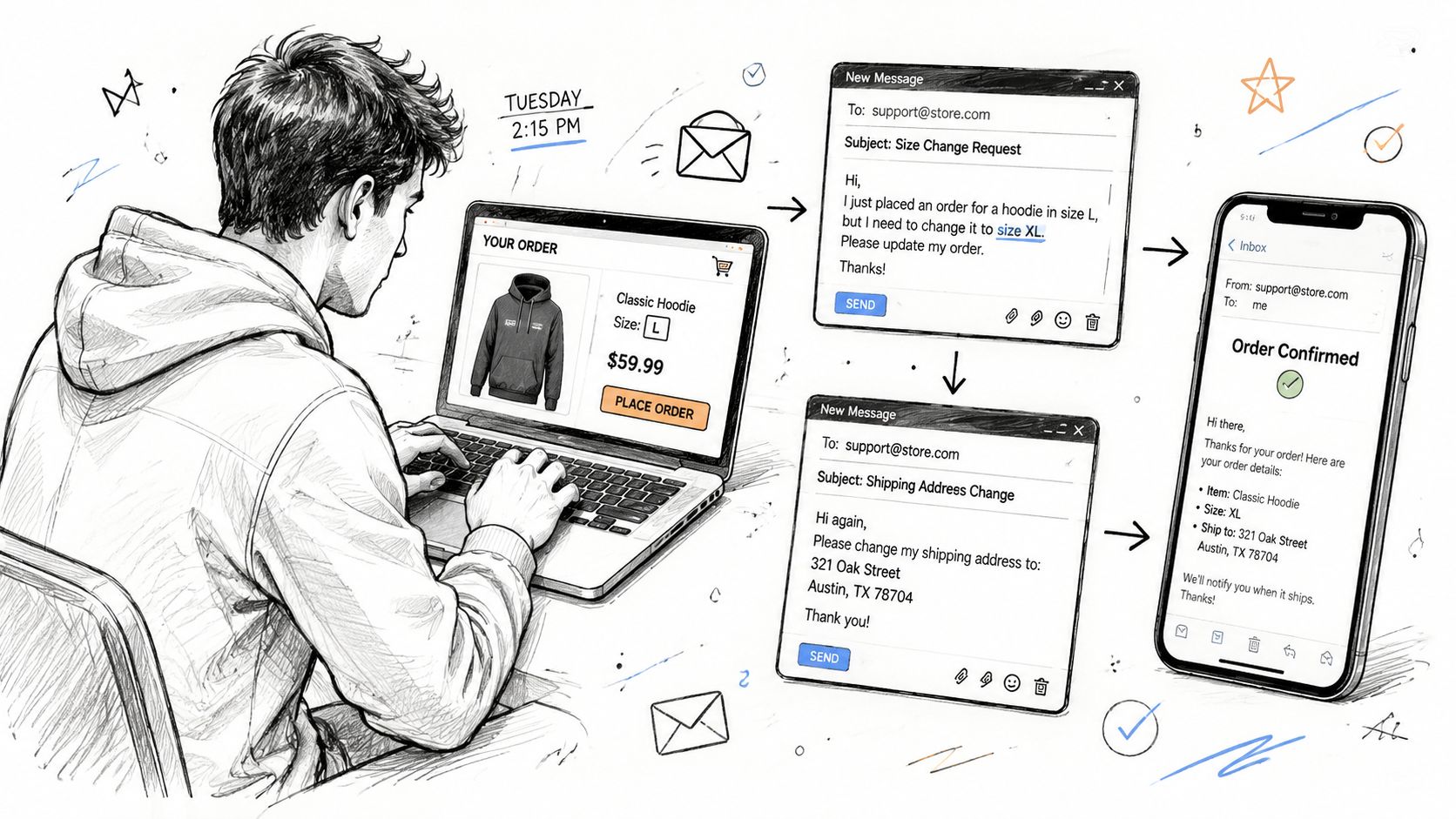 A person using a laptop to place an online order and sending follow-up email requests for modifications.