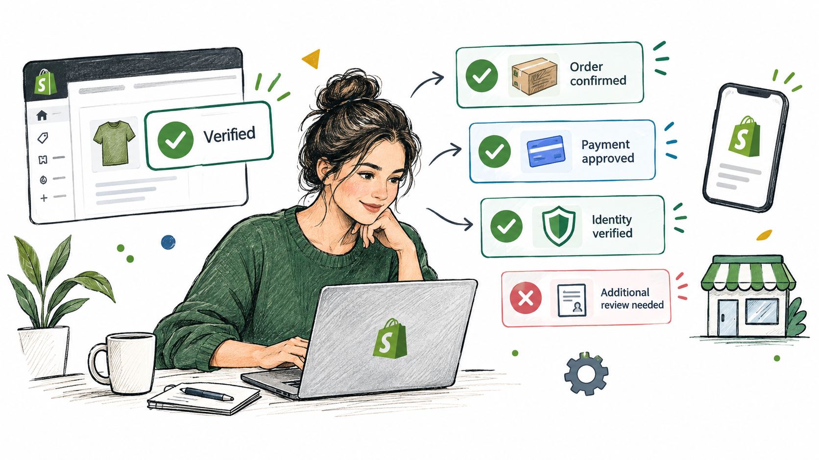 A woman using a laptop to review merchant verification statuses like order, payment, and identity verification.