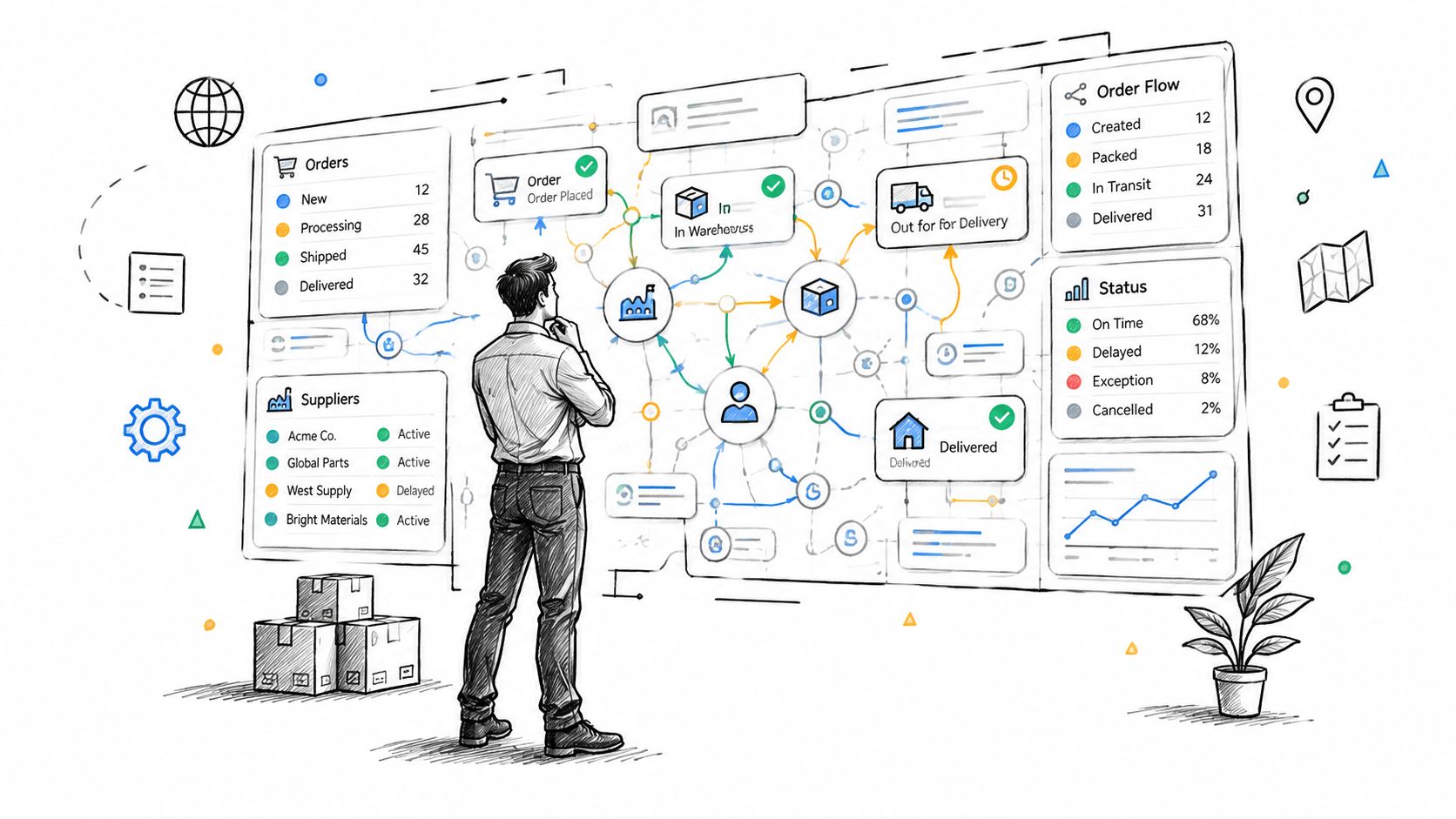 A professional analyzing a digital logistics dashboard with order tracking data and supply chain flow diagrams.