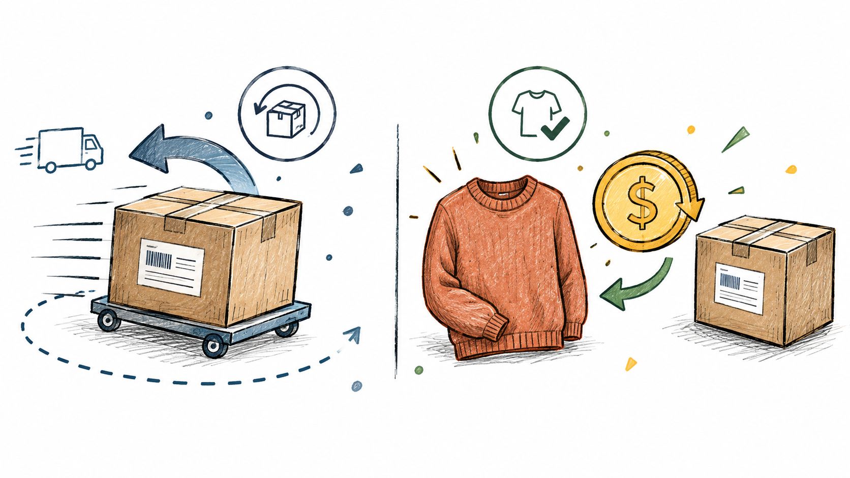 A hand-drawn illustration showing a package being returned by truck, next to a sweater being refunded for money.