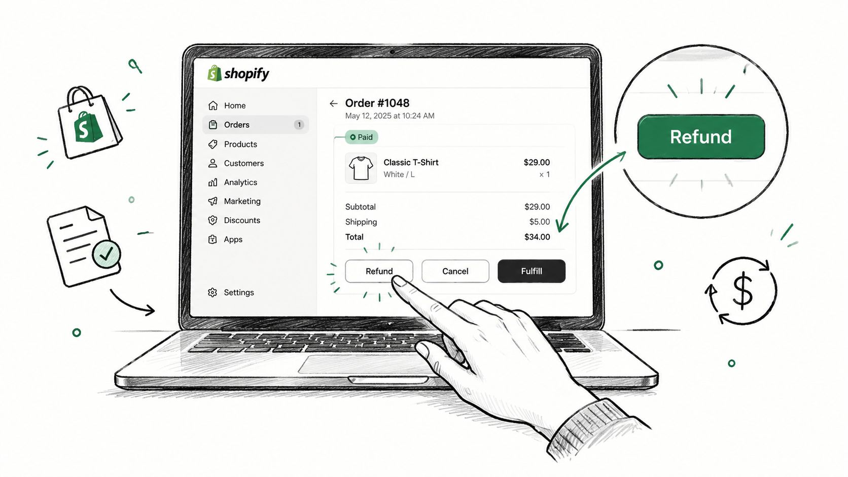A hand selecting the refund button on a Shopify order management screen on a laptop display.