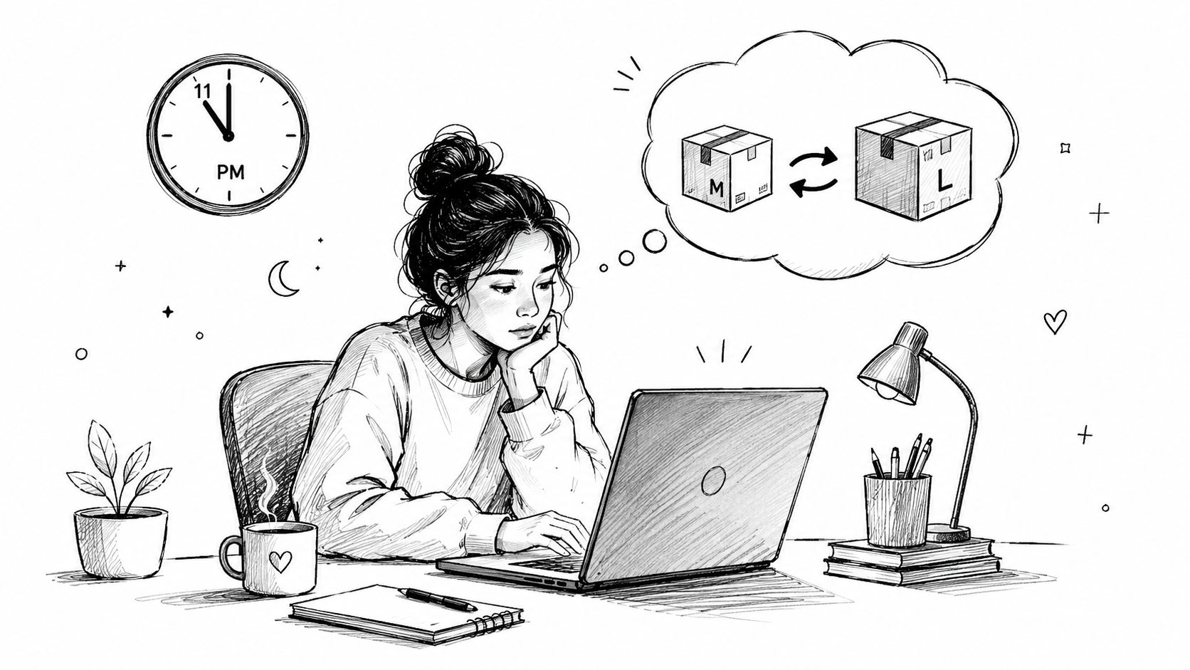 A young woman working on her laptop late at night thinking about exchanging a package size.