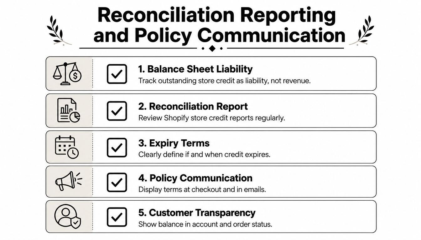 A checklist infographic titled Reconciliation Reporting and Policy Communication with five best practices for managing Shopify store credit.