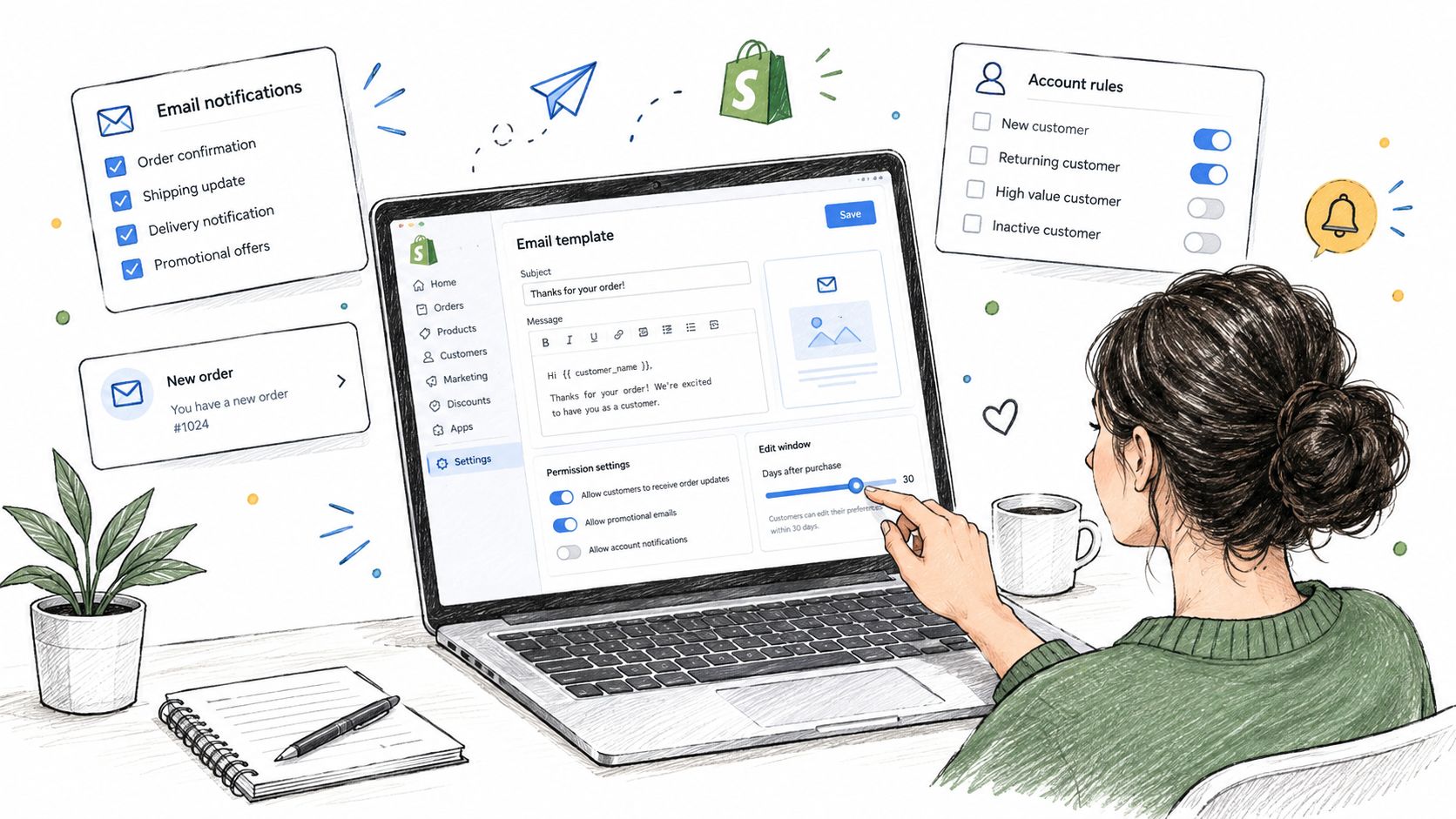 A woman working on a laptop, customizing email template settings for an e-commerce platform.
