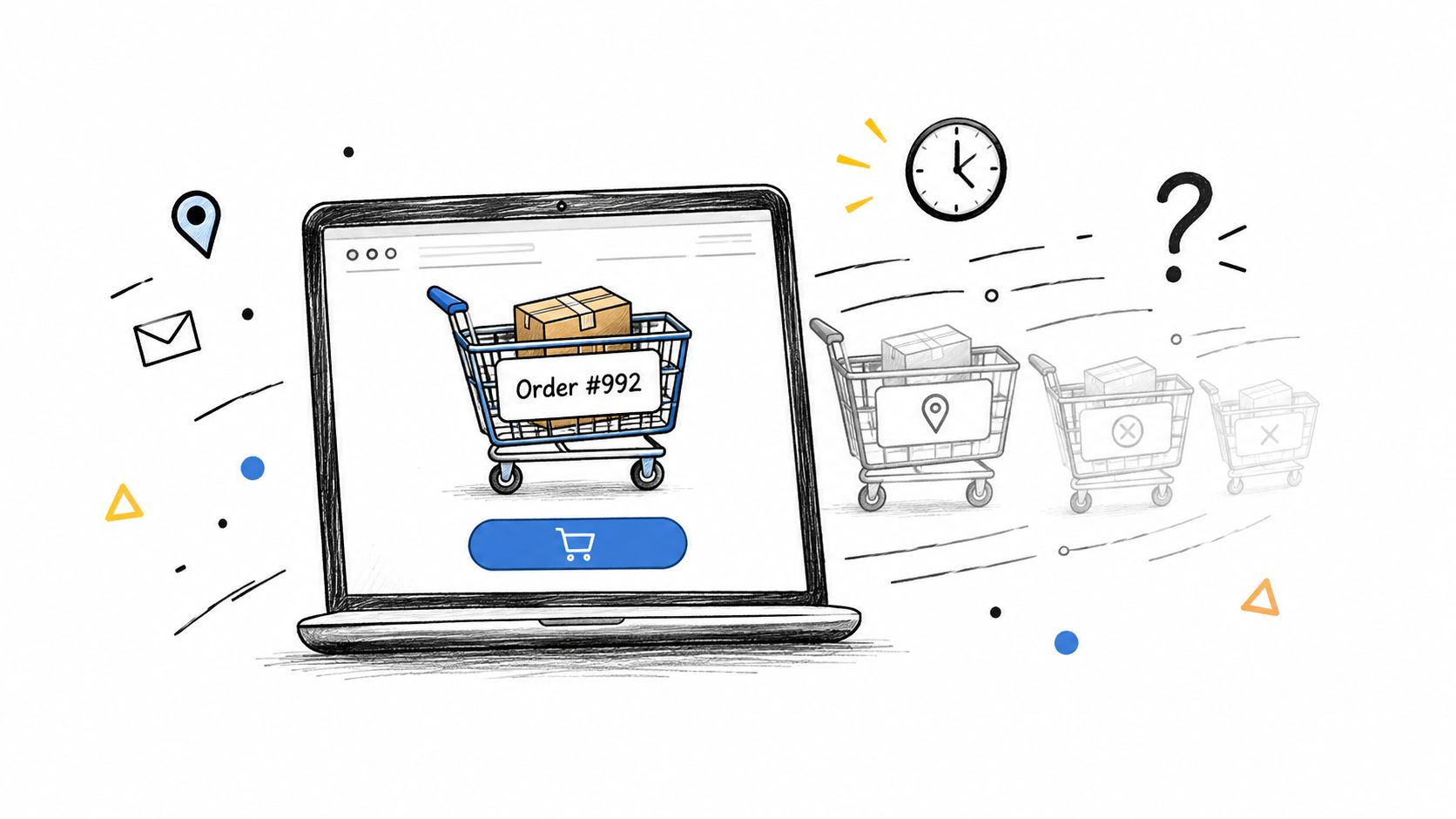 A digital illustration showing an online shopping cart order moving along a track with delivery status icons.