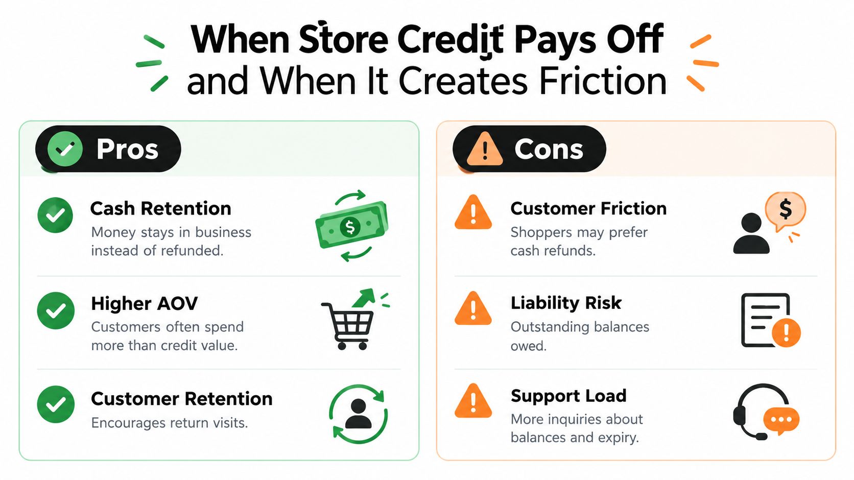 A comparison infographic showing the pros and cons of using store credit for e-commerce businesses.
