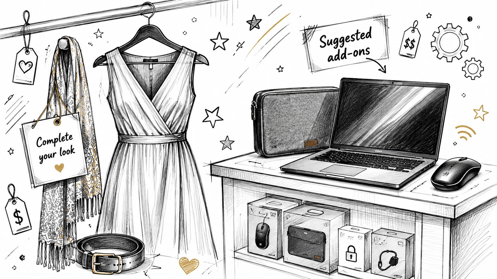 A hand-drawn illustration showing a dress on a hanger and laptop accessories labeled as suggested add-ons.