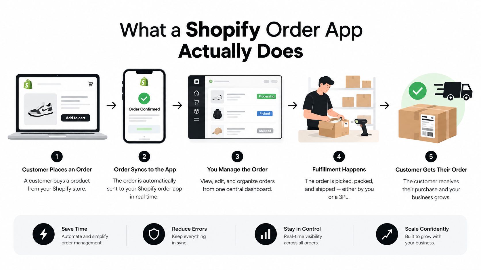 An infographic illustrating the five steps of the Shopify order management process from purchase to delivery.