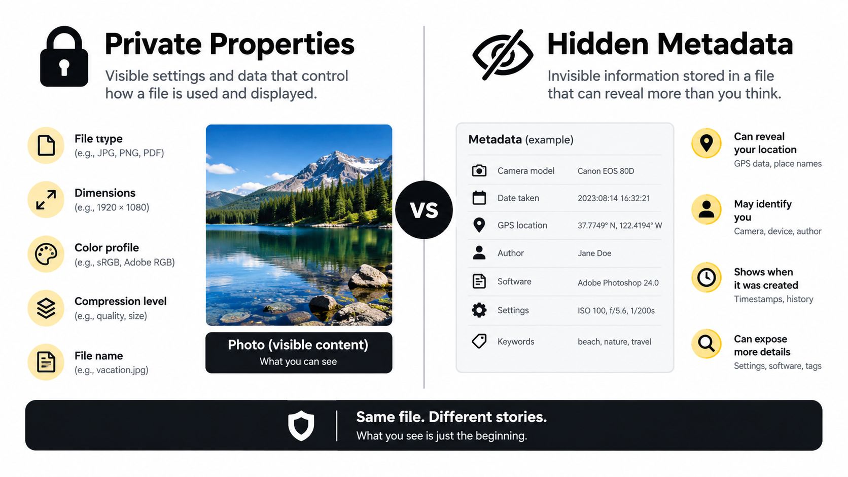 An infographic comparing visible file properties to hidden metadata embedded within digital image files and photos.