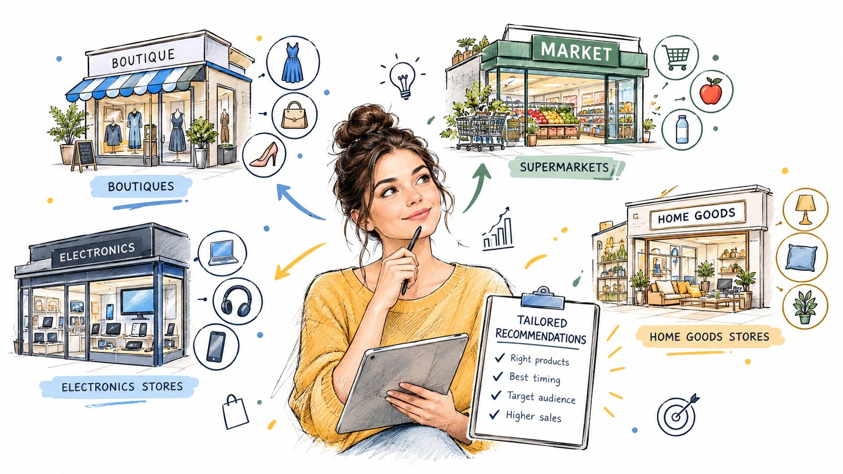 A woman using a tablet to plan tailored retail recommendations for boutique, supermarket, electronic, and home goods stores.