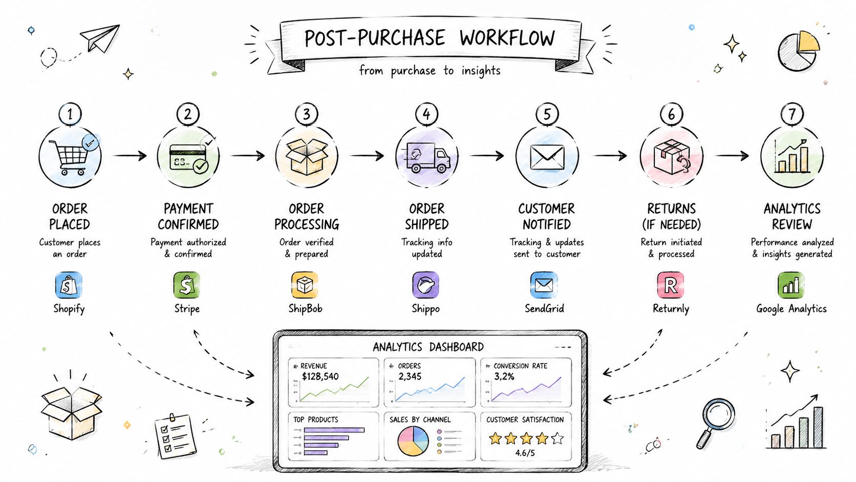 An illustrated flowchart showing the seven-step post-purchase workflow for online orders with integrated software tools and analytics.