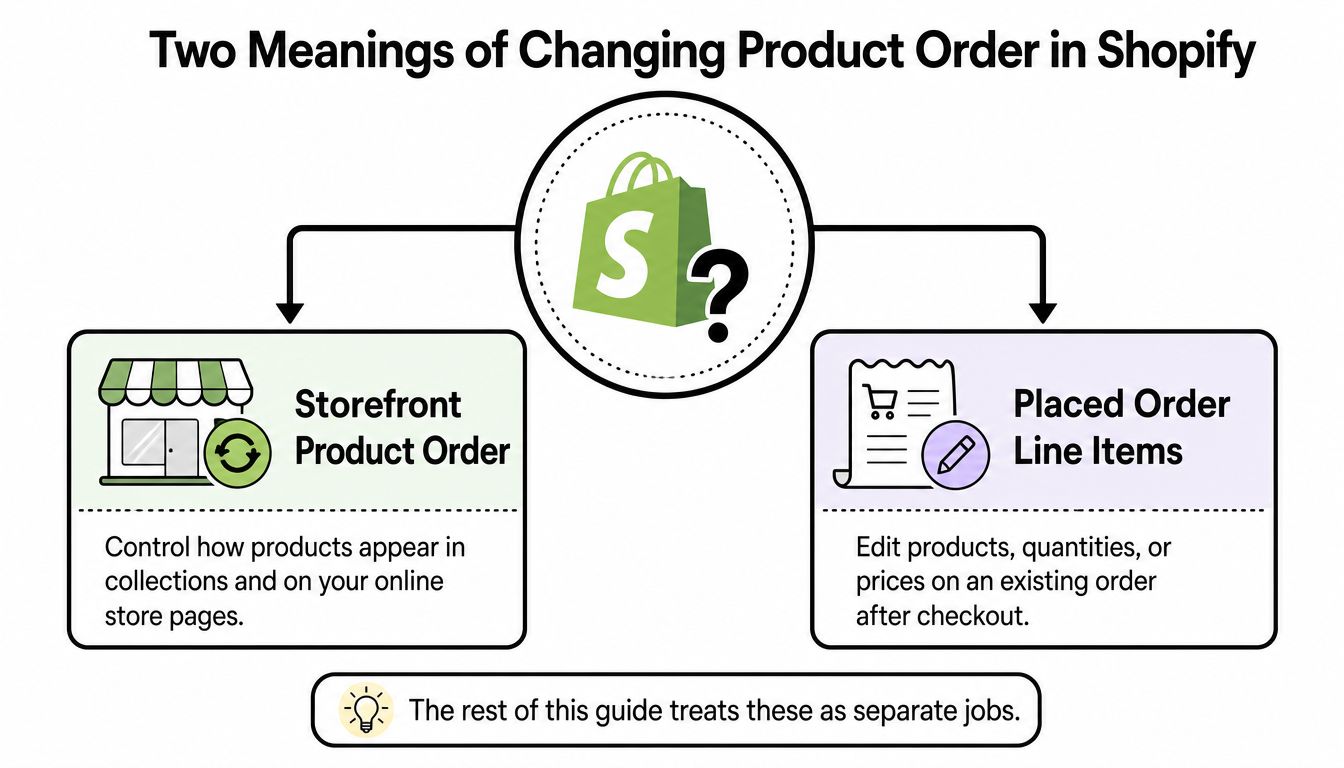 An infographic showing that changing product order in Shopify refers to either store collections or placed orders.
