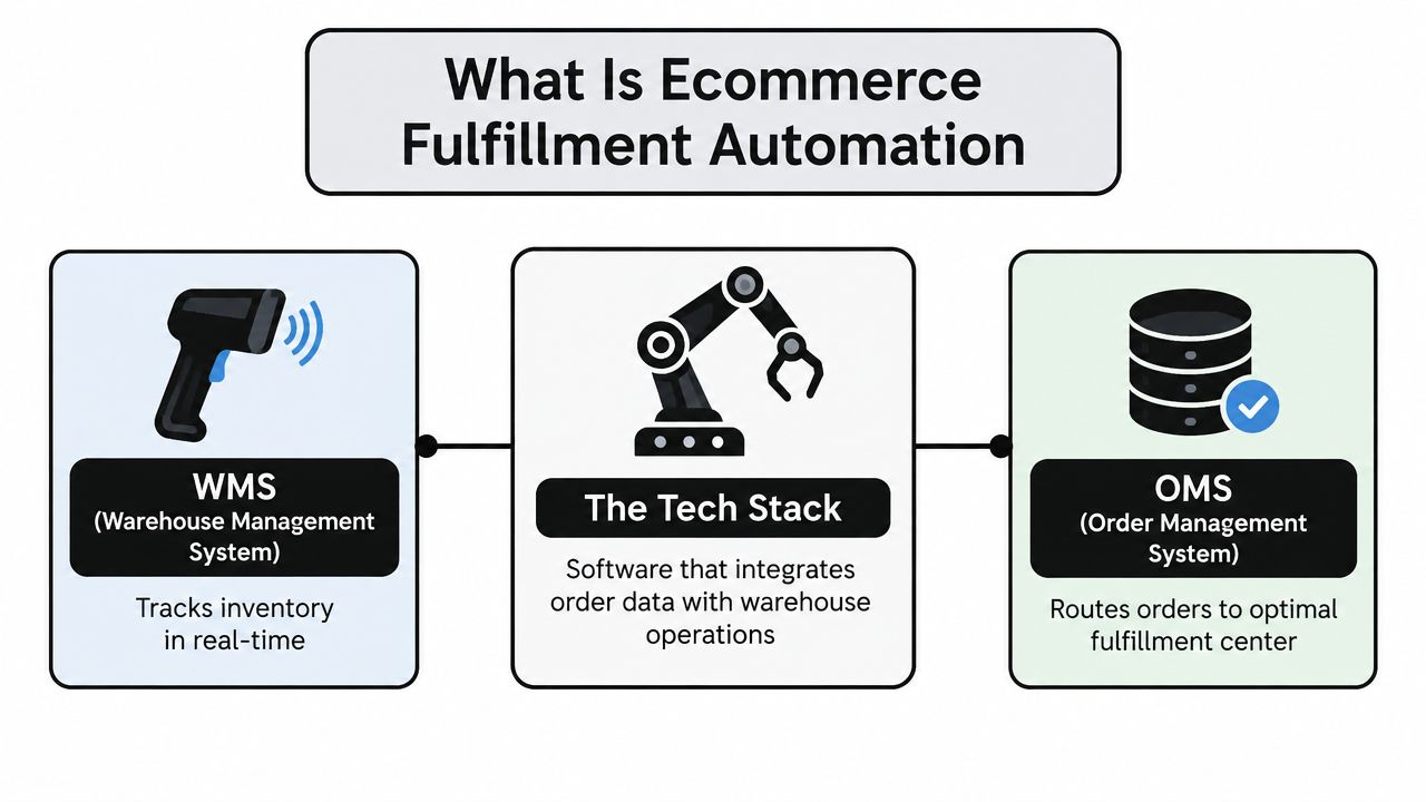 A diagram illustrating ecommerce fulfillment automation through a WMS, a tech stack, and an OMS system.
