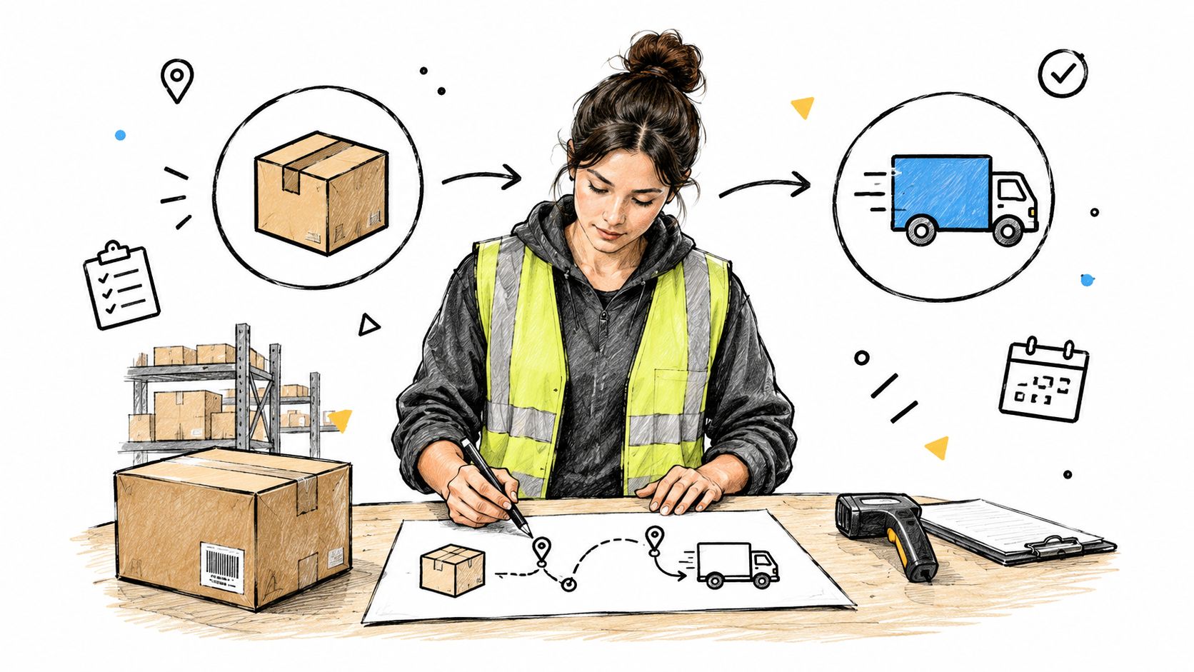 A logistics coordinator in a high-visibility vest reviews a shipping route map on a warehouse desk.