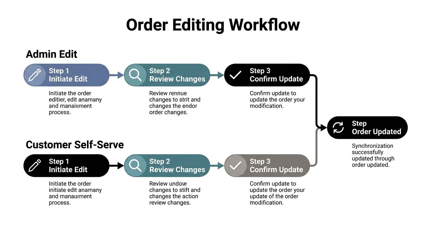 A workflow diagram showing the two paths for editing orders: Admin Edit and Customer Self-Serve.
