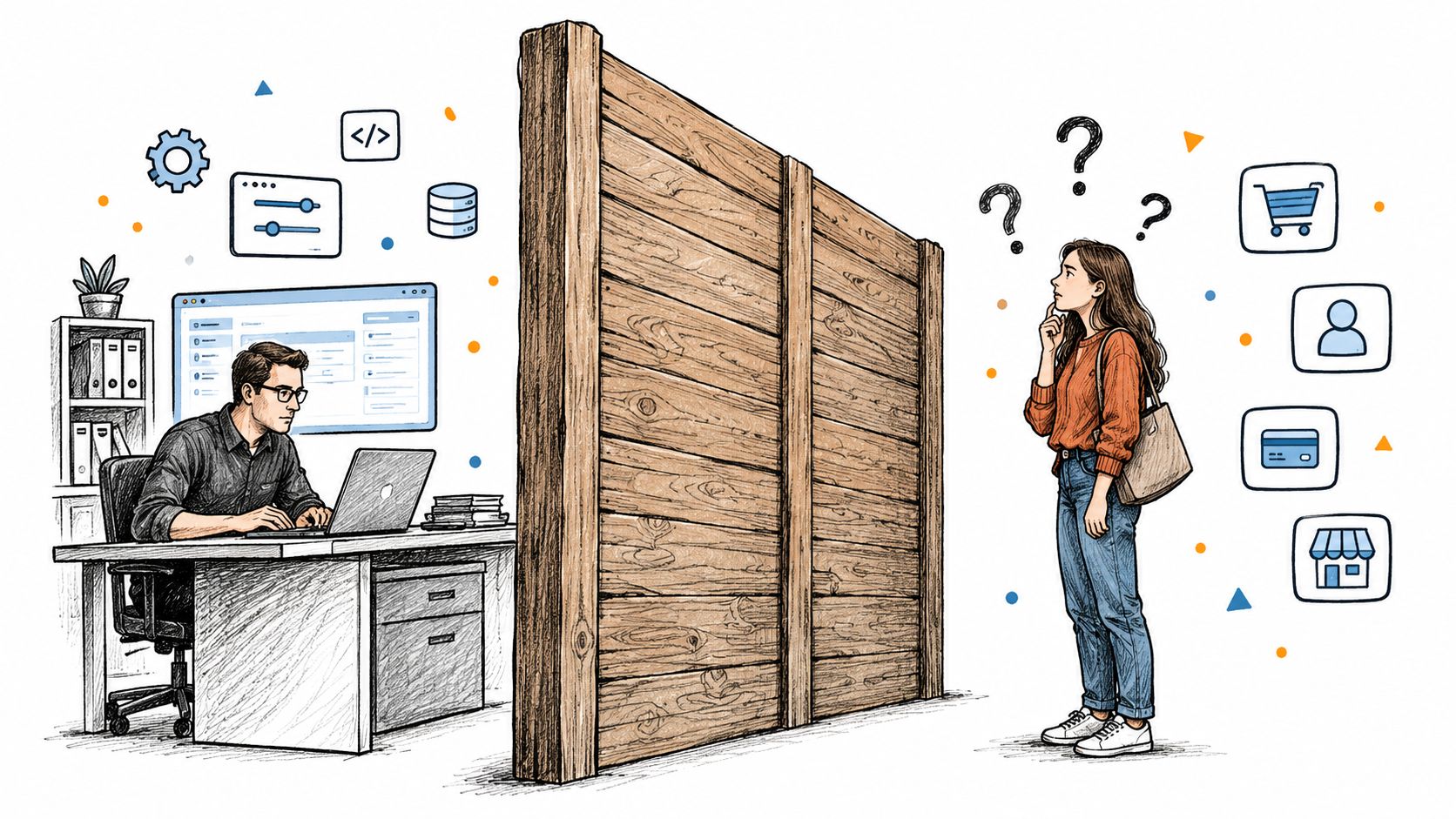 A split image showing a developer at a desk and a confused customer looking at e-commerce icons.