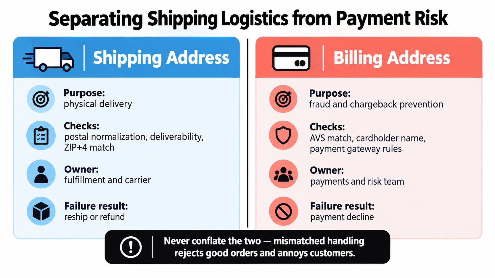 A comparison chart explaining the difference between shipping addresses for delivery and billing addresses for payment risk.