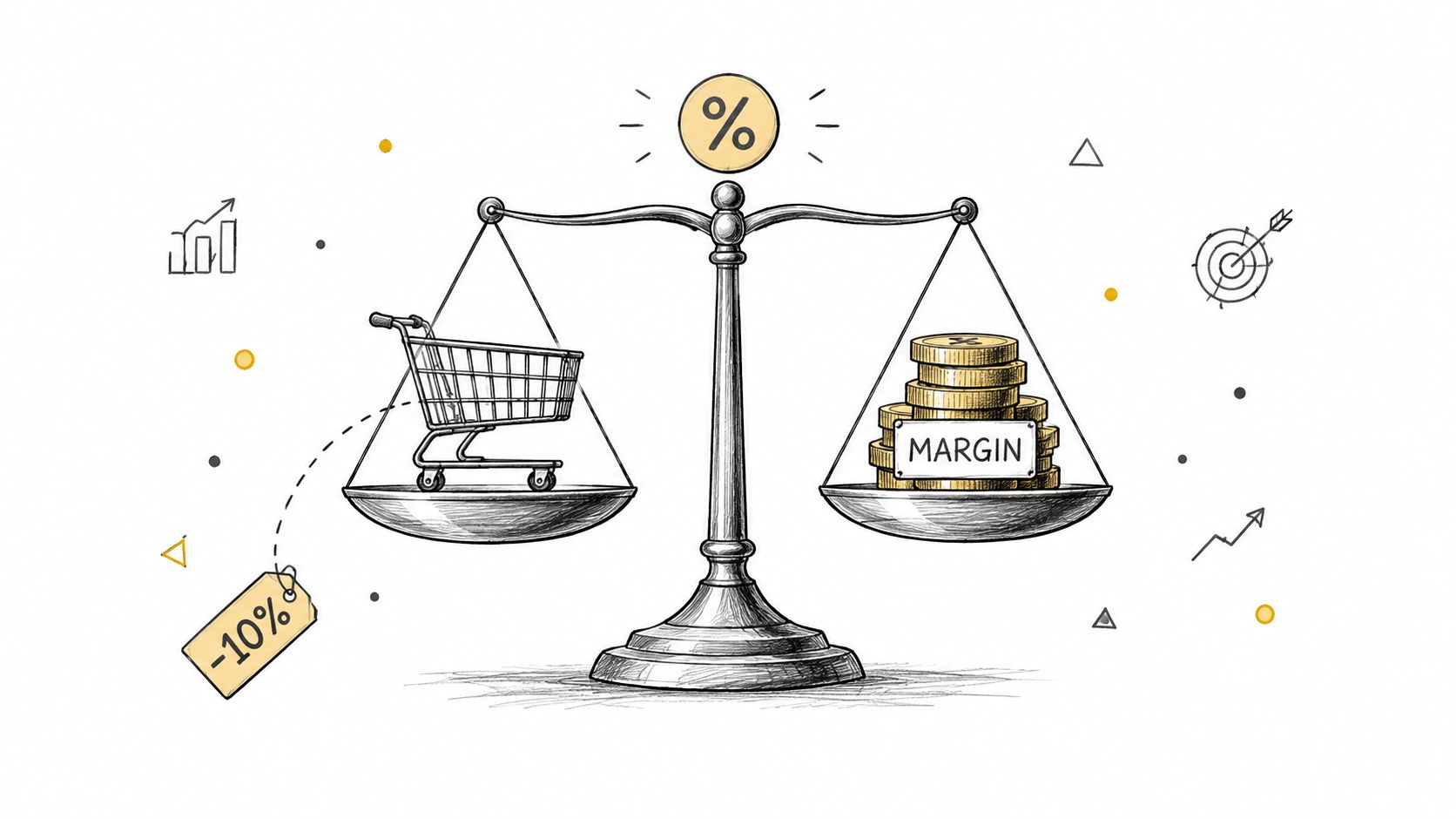 A conceptual illustration of a balance scale showing the relationship between a shopping cart and profit margin.