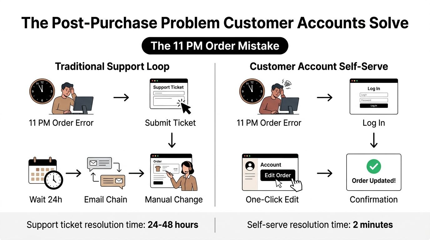 A comparison infographic showing how customer accounts reduce order resolution time from 48 hours to 2 minutes.
