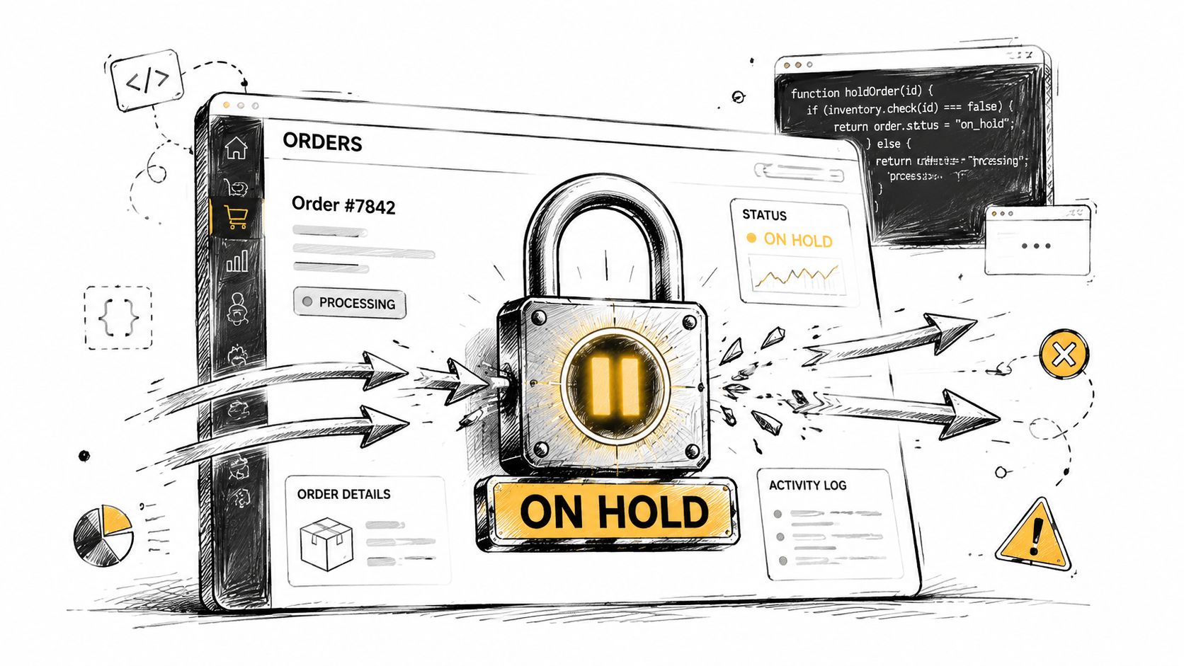 A digital illustration of a shopify order management dashboard with a padlock and pause button icon.