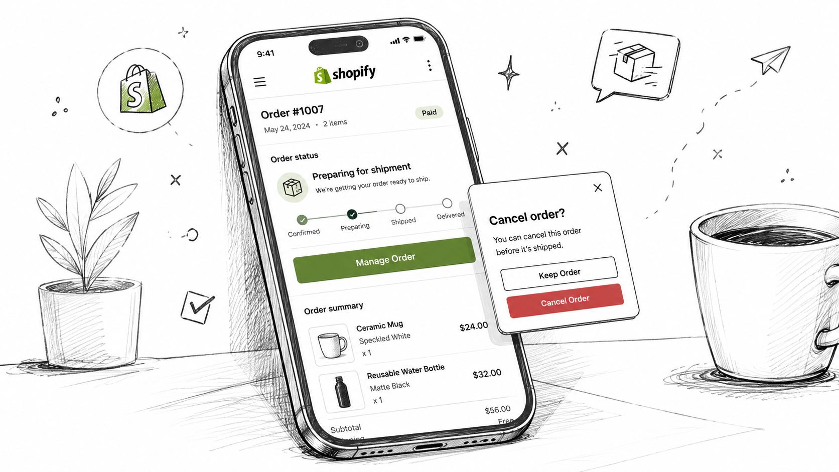 A Shopify mobile app screen showing an order details page with a cancel order confirmation popup overlay.