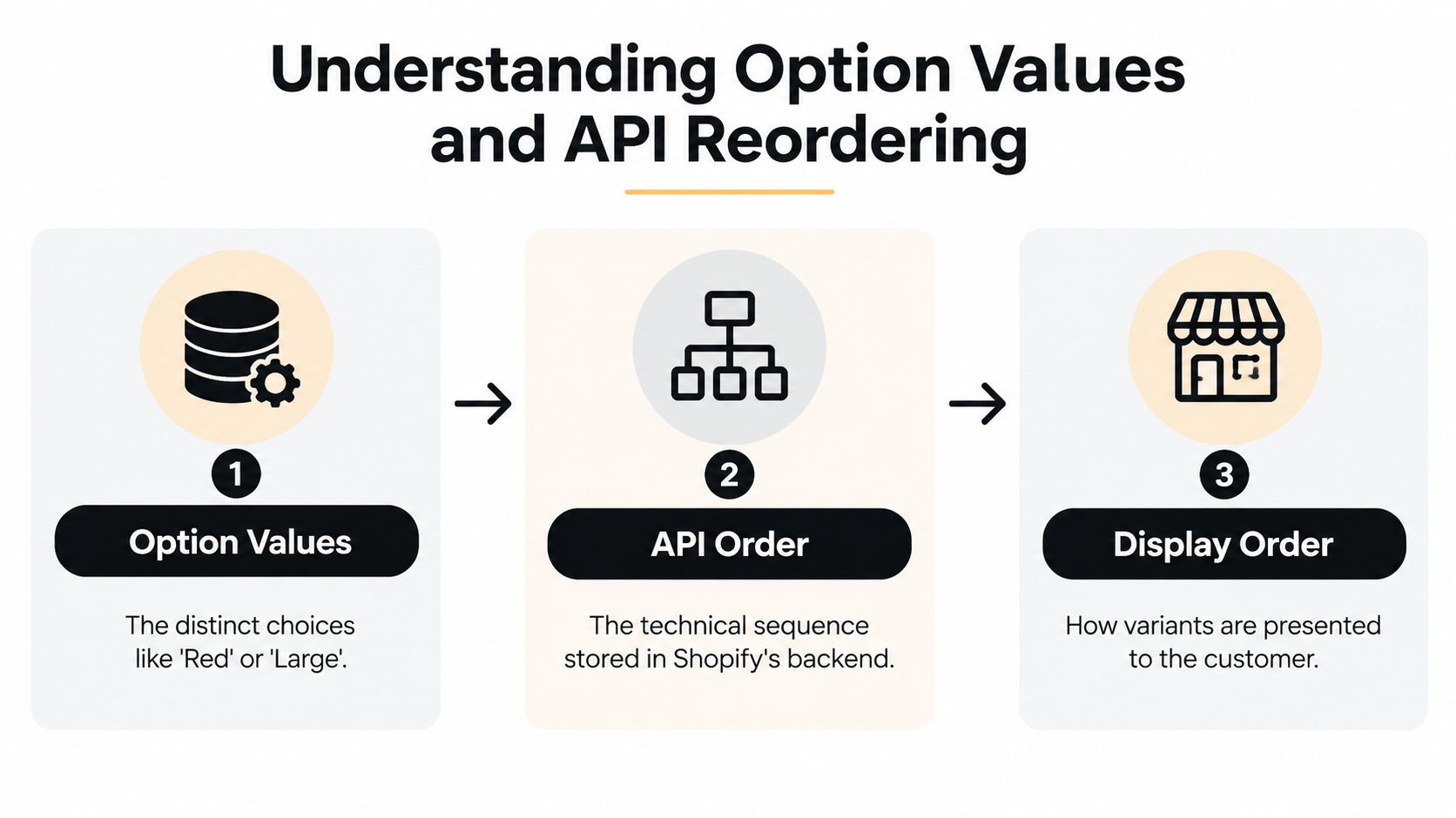 A diagram explaining the workflow of Shopify option values, API order, and final display order for variants.