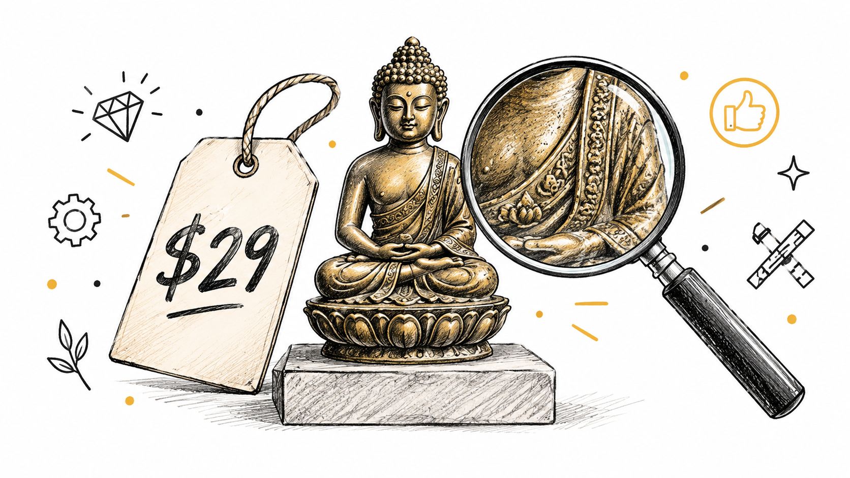 A small gold-colored Buddha statue sits on a pedestal with a twenty-nine dollar price tag attached.