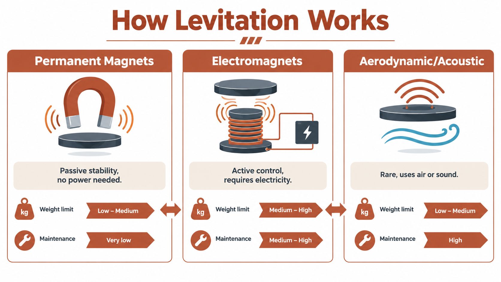 Una infografía que ilustra tres métodos diferentes de levitación, incluidos imanes permanentes, electroimanes y sistemas aerodinámicos o acústicos.