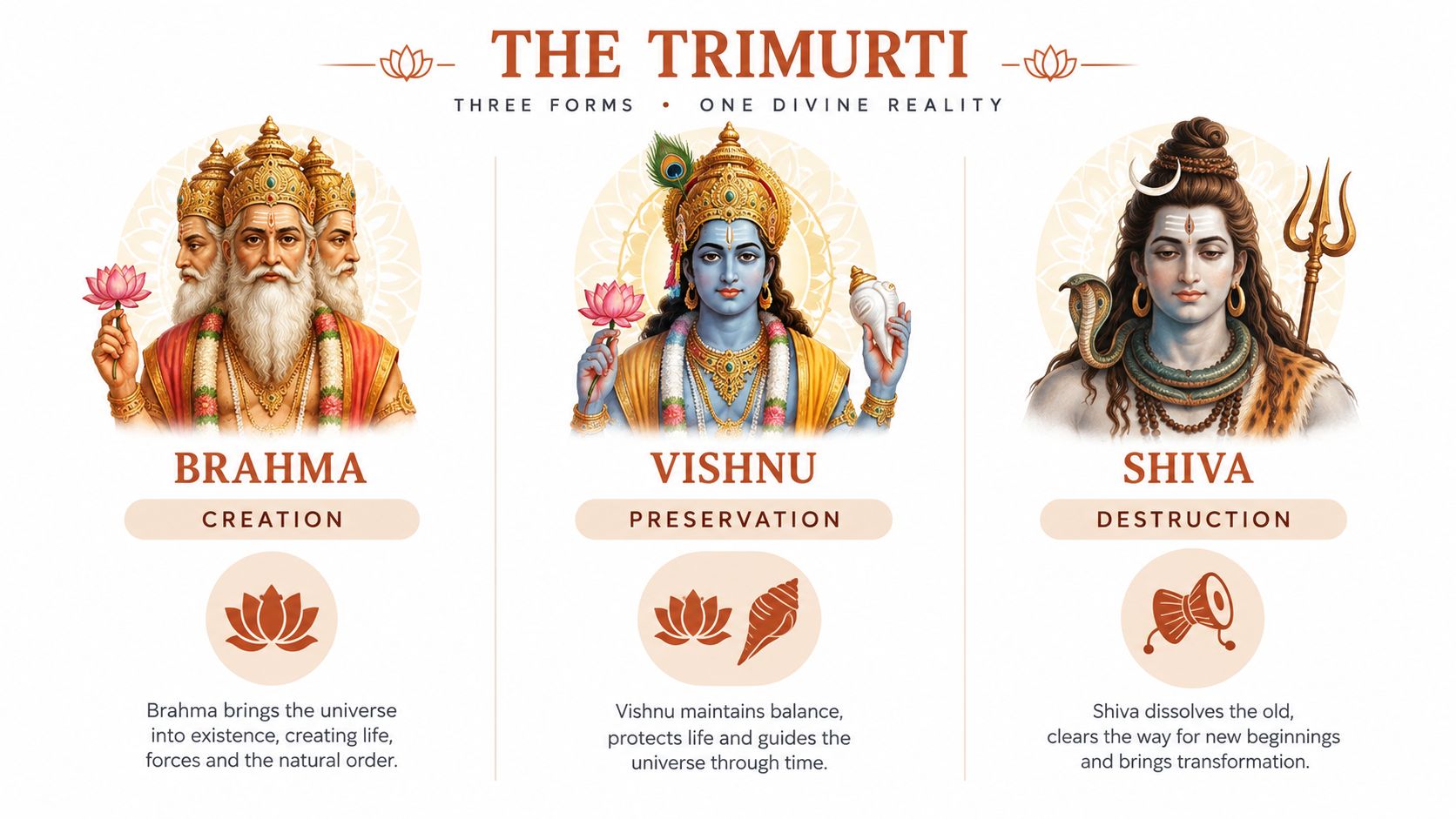 An illustration of the Hindu Trimurti featuring Brahma, Vishnu, and Shiva with their divine attributes and roles.