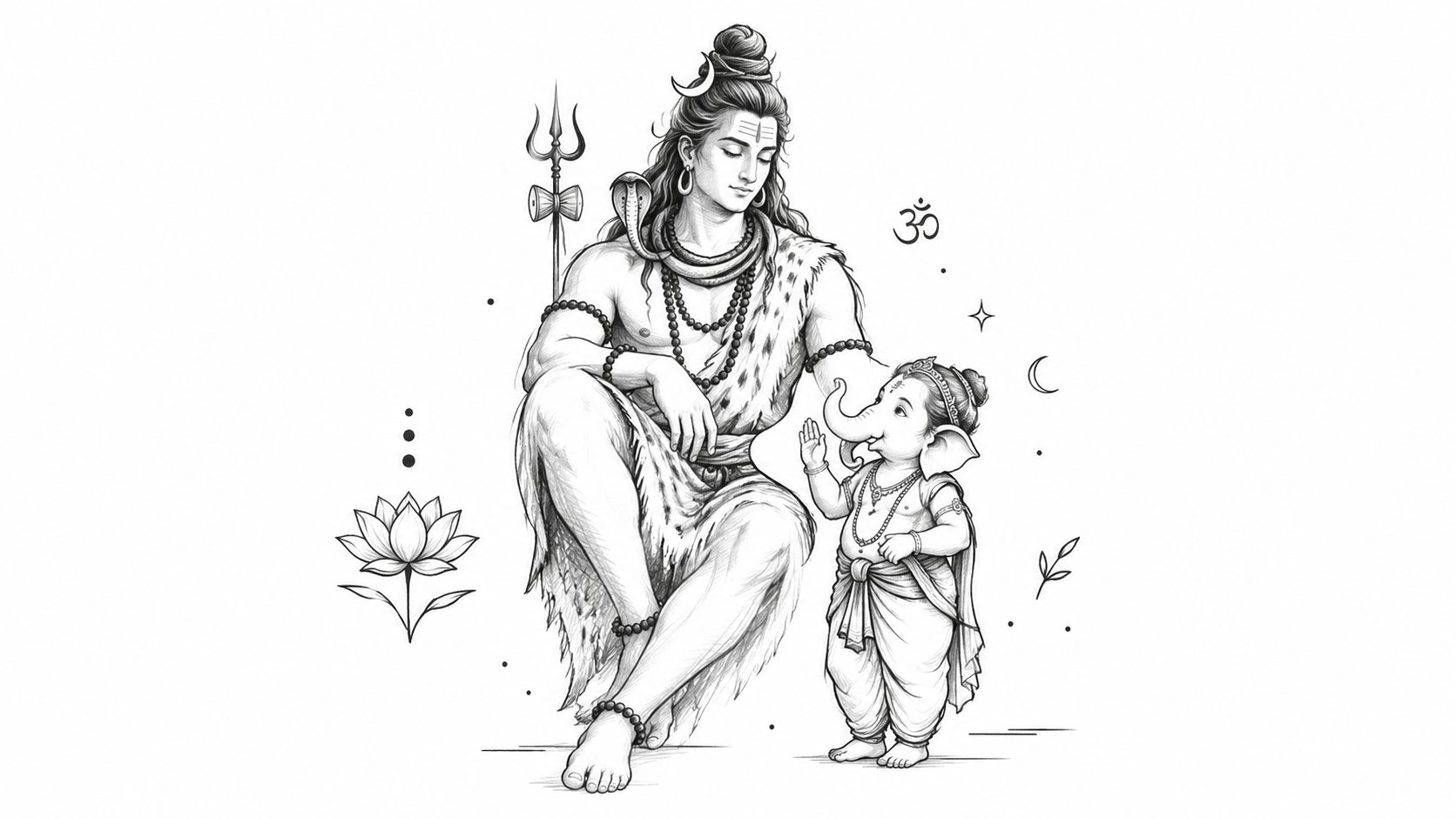 A detailed black and white sketch of Lord Shiva affectionately interacting with a young Lord Ganesha.