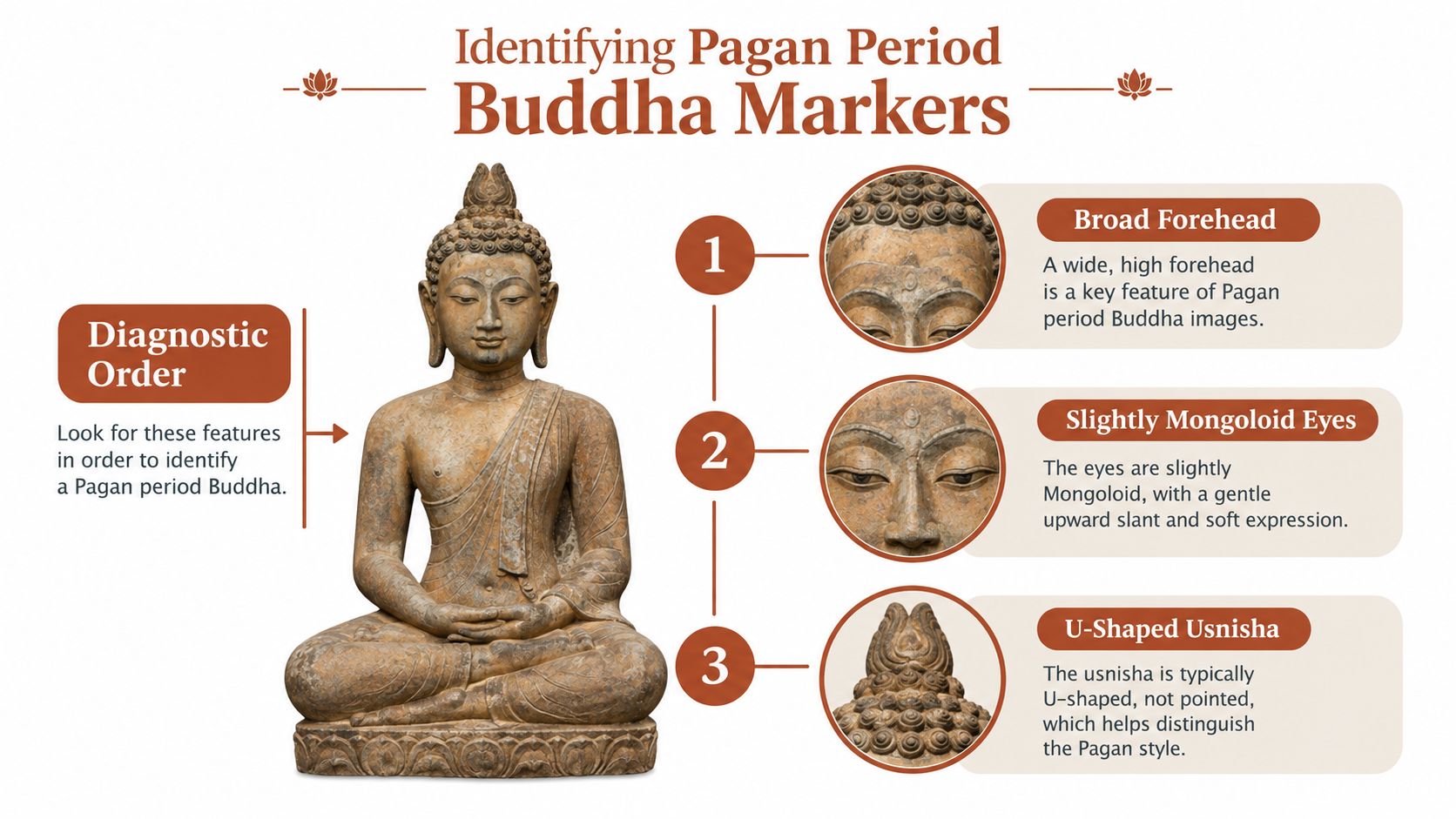 A diagram highlighting three key diagnostic features used to identify authentic ancient Burmese Pagan period Buddha statues.
