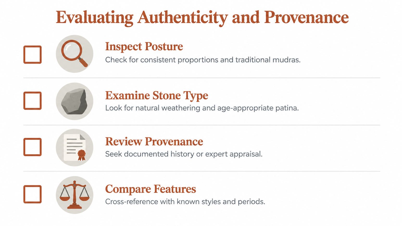 An educational infographic outlining four key steps to evaluate the authenticity and provenance of stone statues.