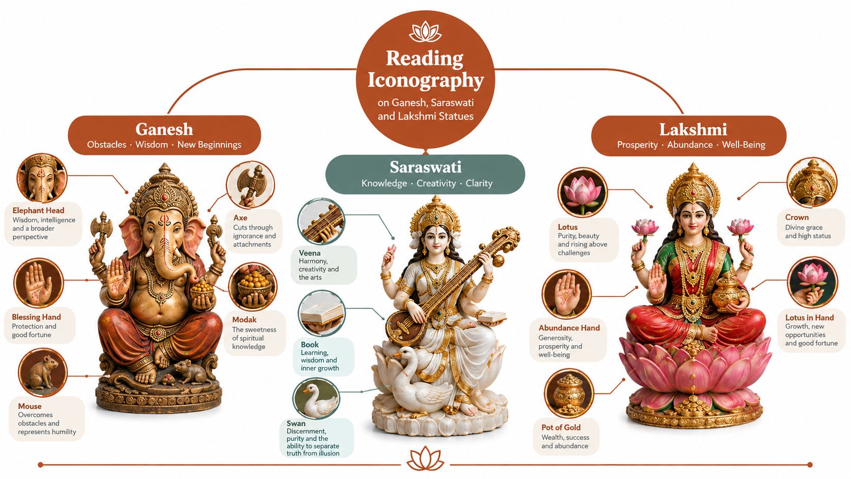 An infographic explaining the symbolic iconographic meanings of Hindu deities Ganesh, Saraswati, and Lakshmi statues.