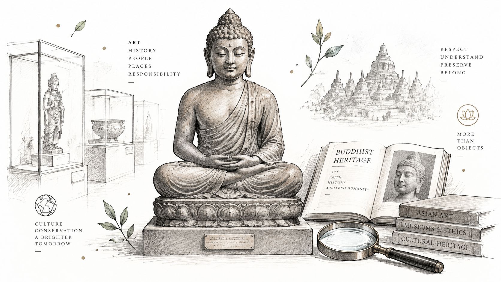 A detailed illustration featuring a stone Buddha statue, ancient temple ruins, museum artifacts, and books on heritage.