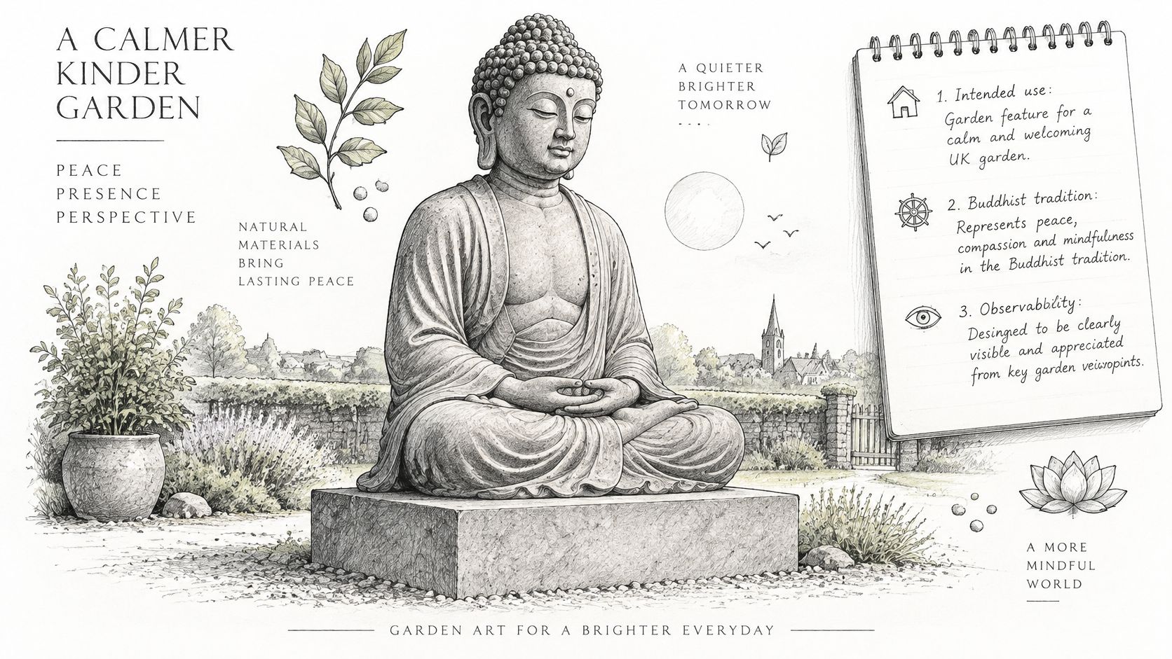 A peaceful sketch illustration of a Buddha garden statue in a tranquil, mindful outdoor setting.