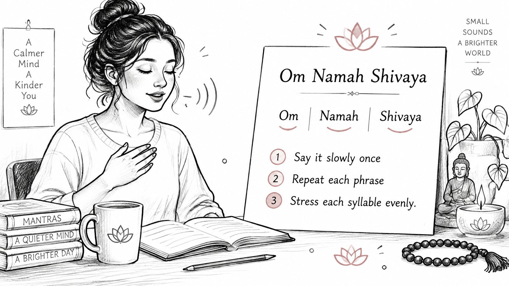 A sketched woman practicing the Om Namah Shivaya mantra for meditation and inner peace.