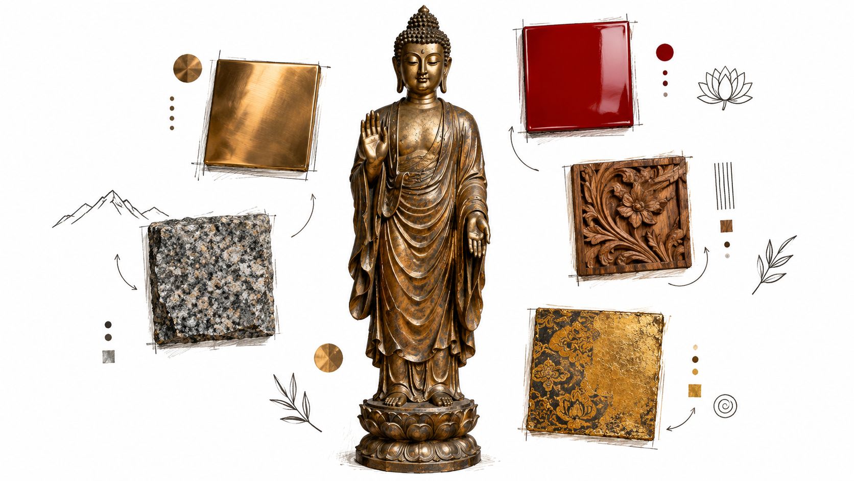 A golden standing Buddha statue surrounded by various material texture samples on a plain white background.