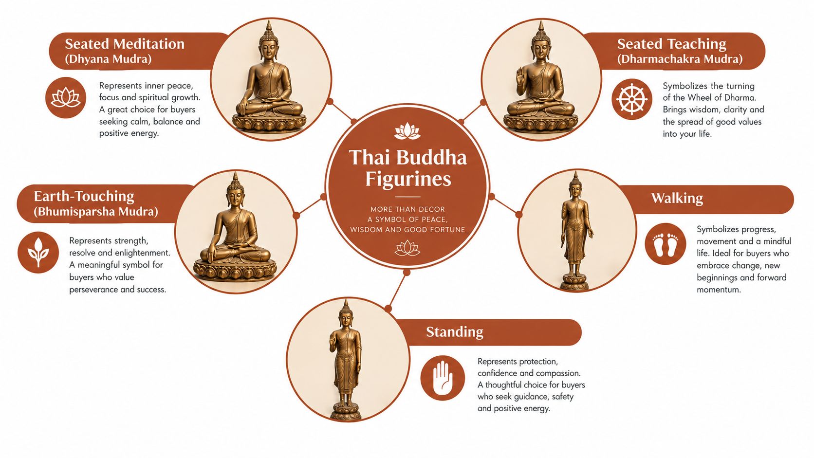 A visual guide explaining the symbolic meanings behind various traditional Thai Buddha figurine postures and hand gestures.