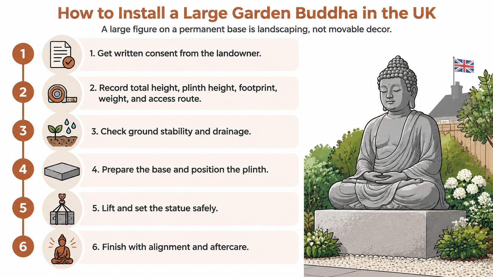 An infographic showing six numbered steps on how to install a large garden Buddha statue in the UK.