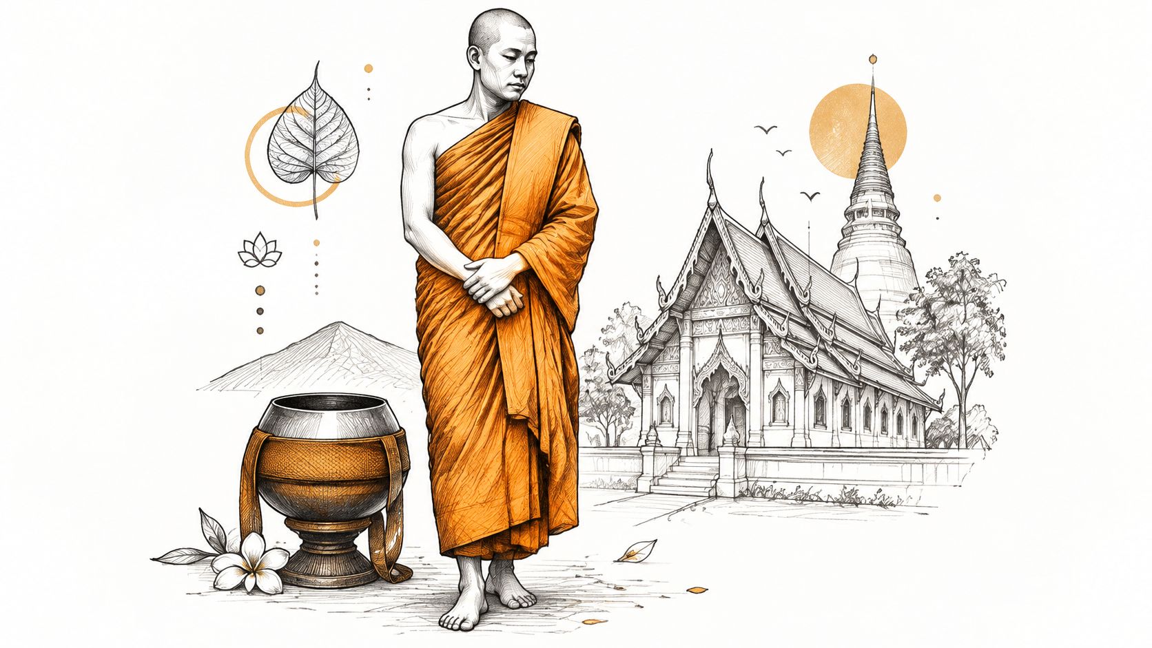 A monk standing in orange robes with a Buddhist alms bowl and a traditional temple in background.