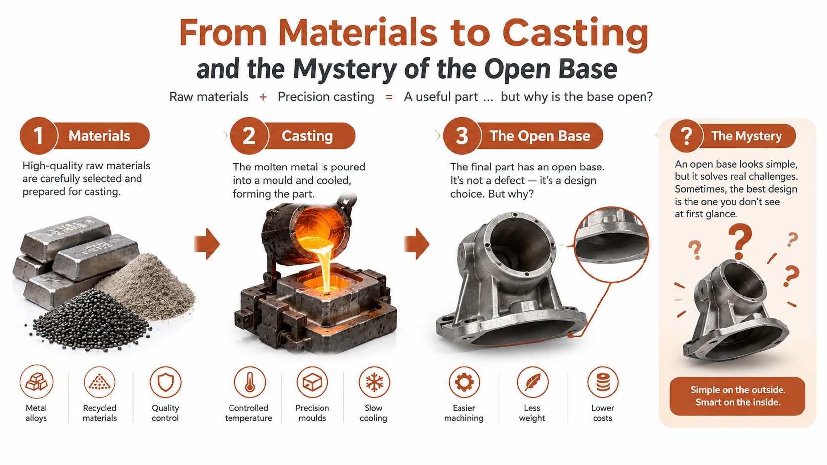 An educational infographic illustrating the three-step industrial process of metal casting and the benefits of open base design.