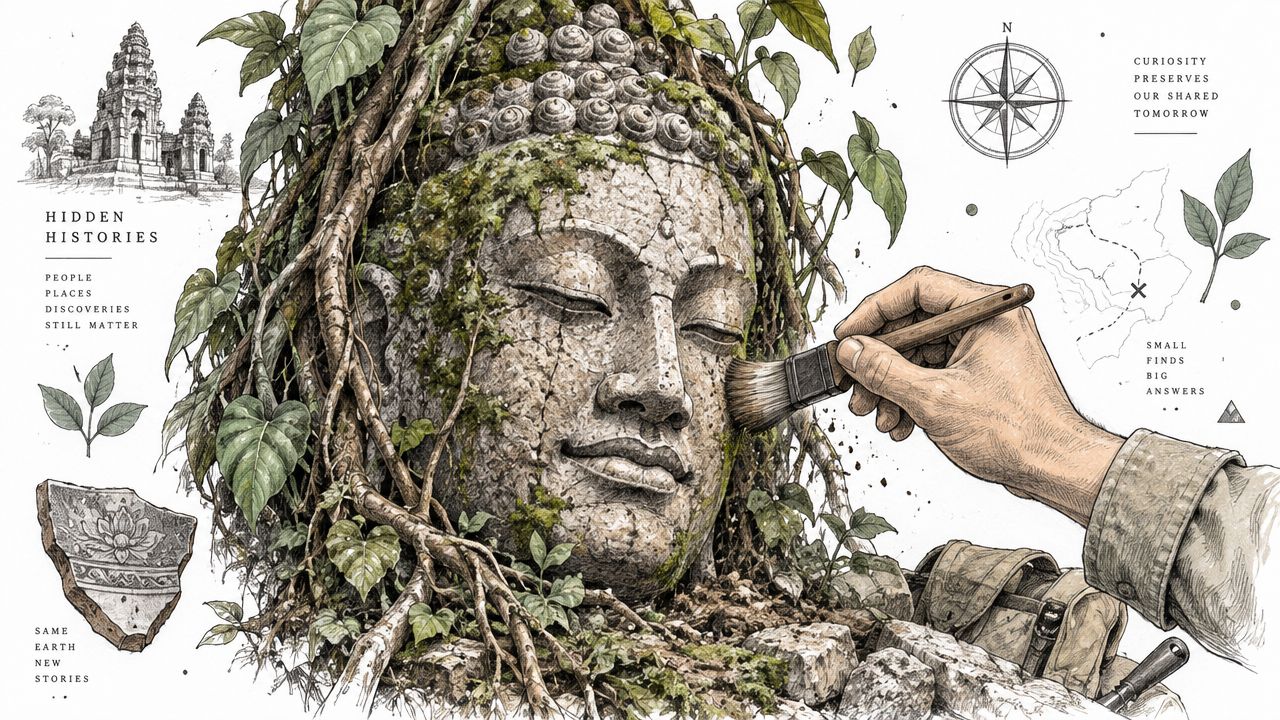 A detailed illustration of an archaeologist brushing dirt off a stone Buddha head intertwined with jungle vines.