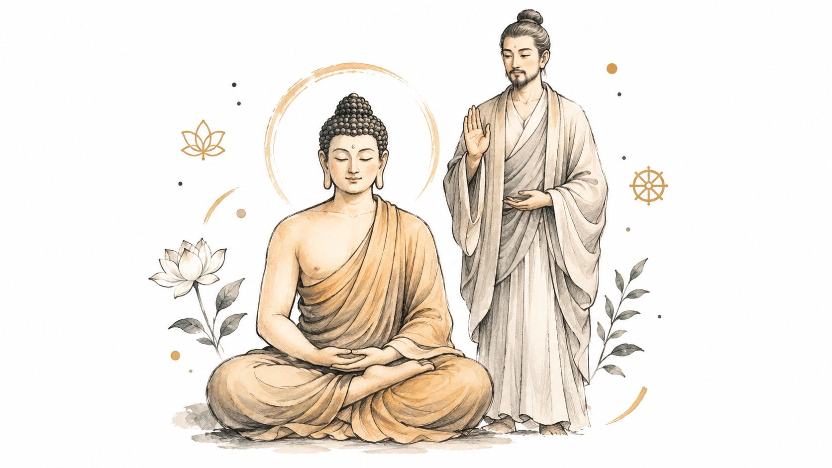 A serene artistic illustration of Buddha meditating beside a standing teacher in traditional spiritual attire.
